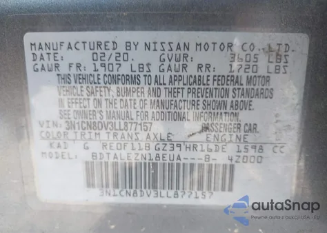 2020 Nissan Versa S Xtronic Cvt из США, поврежденный, VIN 3N1CN8DV3LL877157